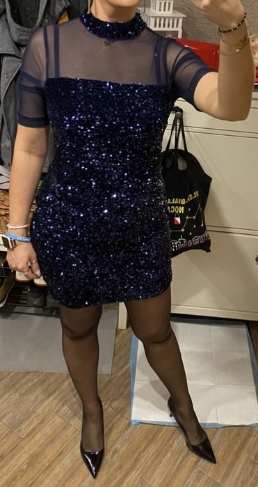 Warehouse super sukienka na sylwestta koronka siateczka cekiny