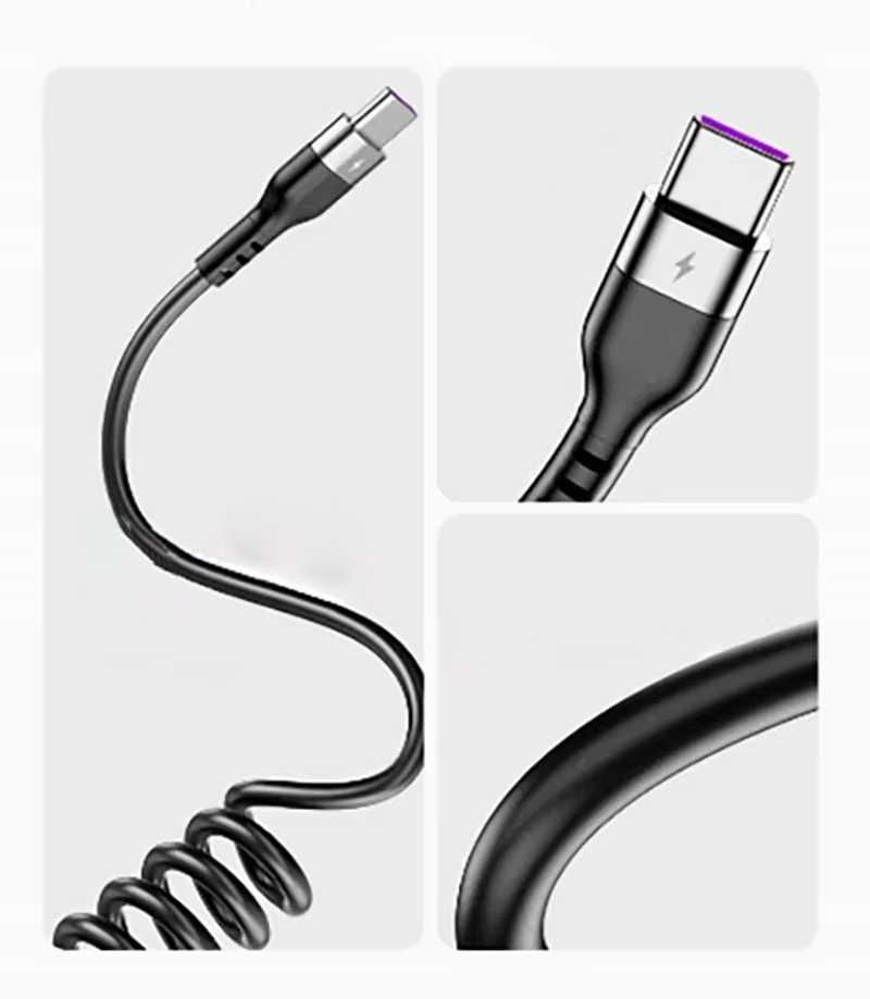 Kabel do ładowania smartfona tabletu USB-C czarny spiralny sprężynowy