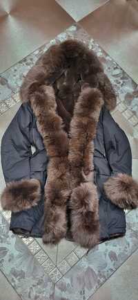 Cudowna kurtka parka zimowa premium naturalne futro lis olbrzymie M