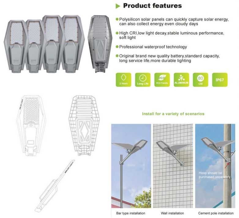 Uliczna lampa solarna 200W ALUMINIUM PREMIUM - osobny panel LED