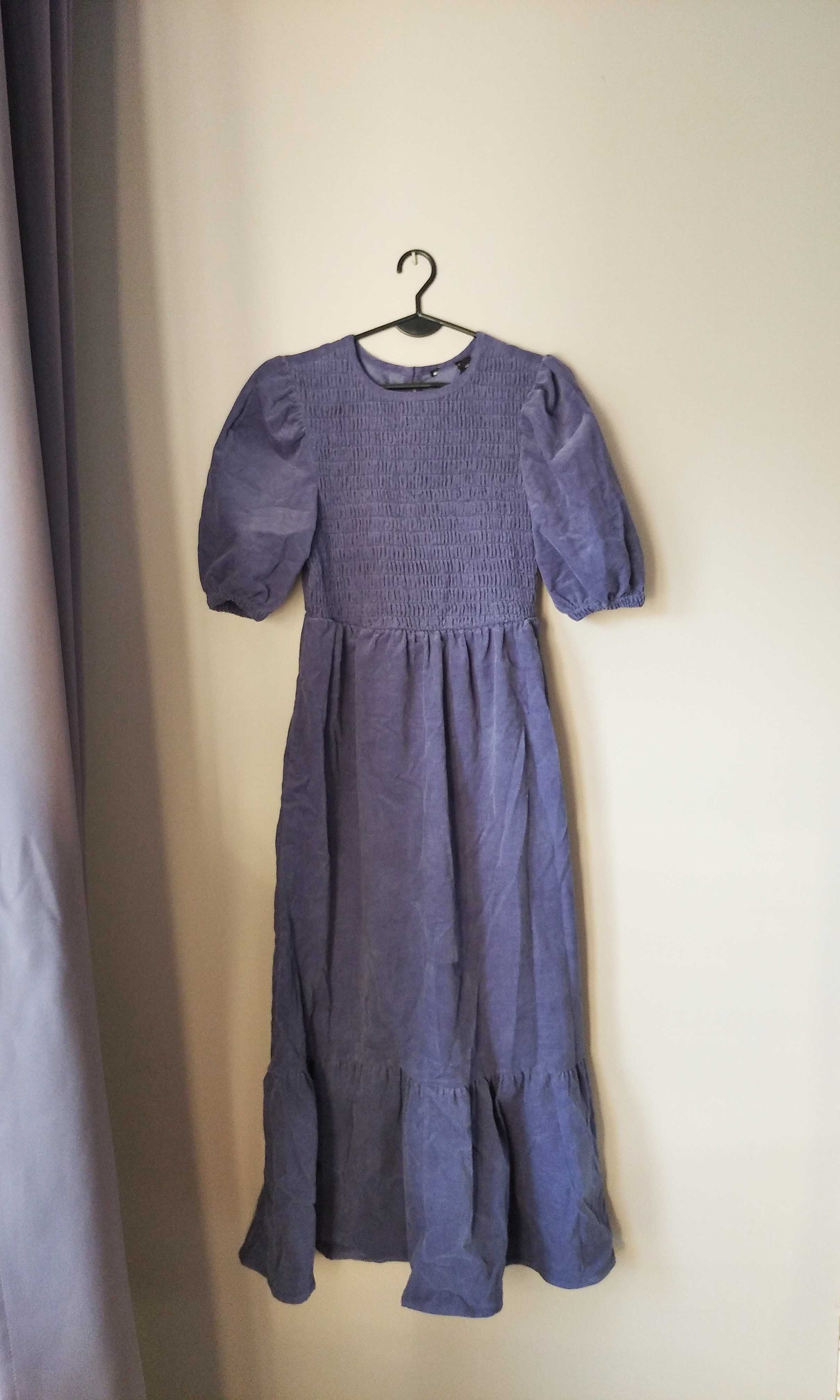 ASOS – Niebieska, luźna sukienka midi ze sztruksu z marszczoną górą 34