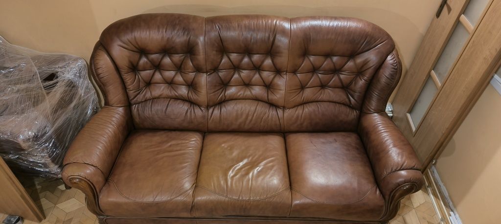 Kanapa skórzana, komplet wypoczynkowy do salonu sofa i dwa fotele
