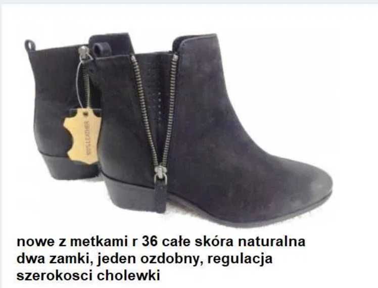 Czarne skórzane Botki Reserved 36 skóra naturalna nowe na zamek