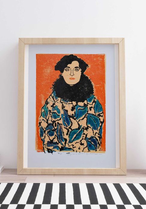 Grafika linoryt ręcznie tworzona dekoracja ścienna kobieta Klimt