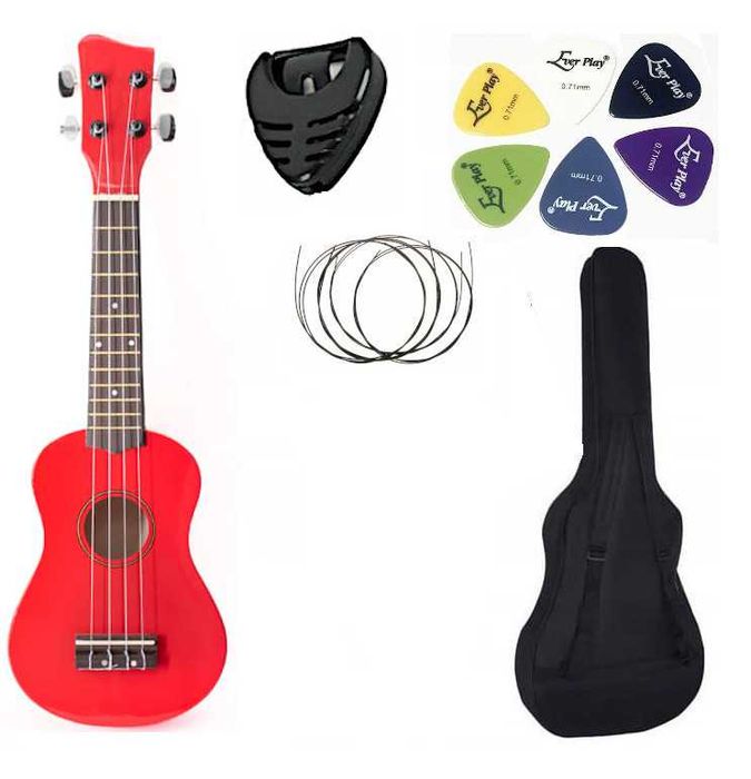 Ukulele sopranowe + akcesoria: pokrowiec, struny, piórka