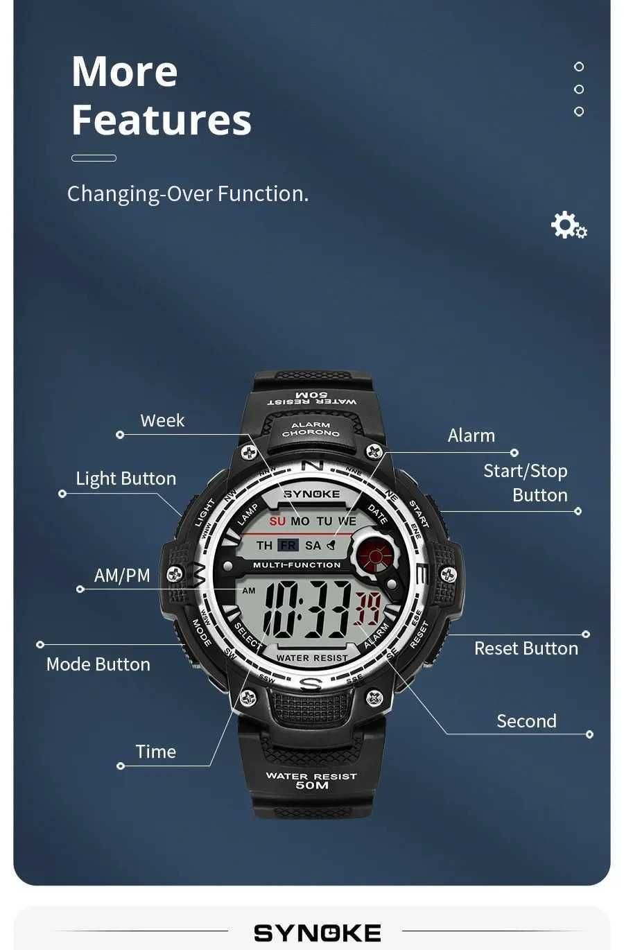 Zegarek elektroniczny Synoke męski sportowy wodoszczelny WR50 LED