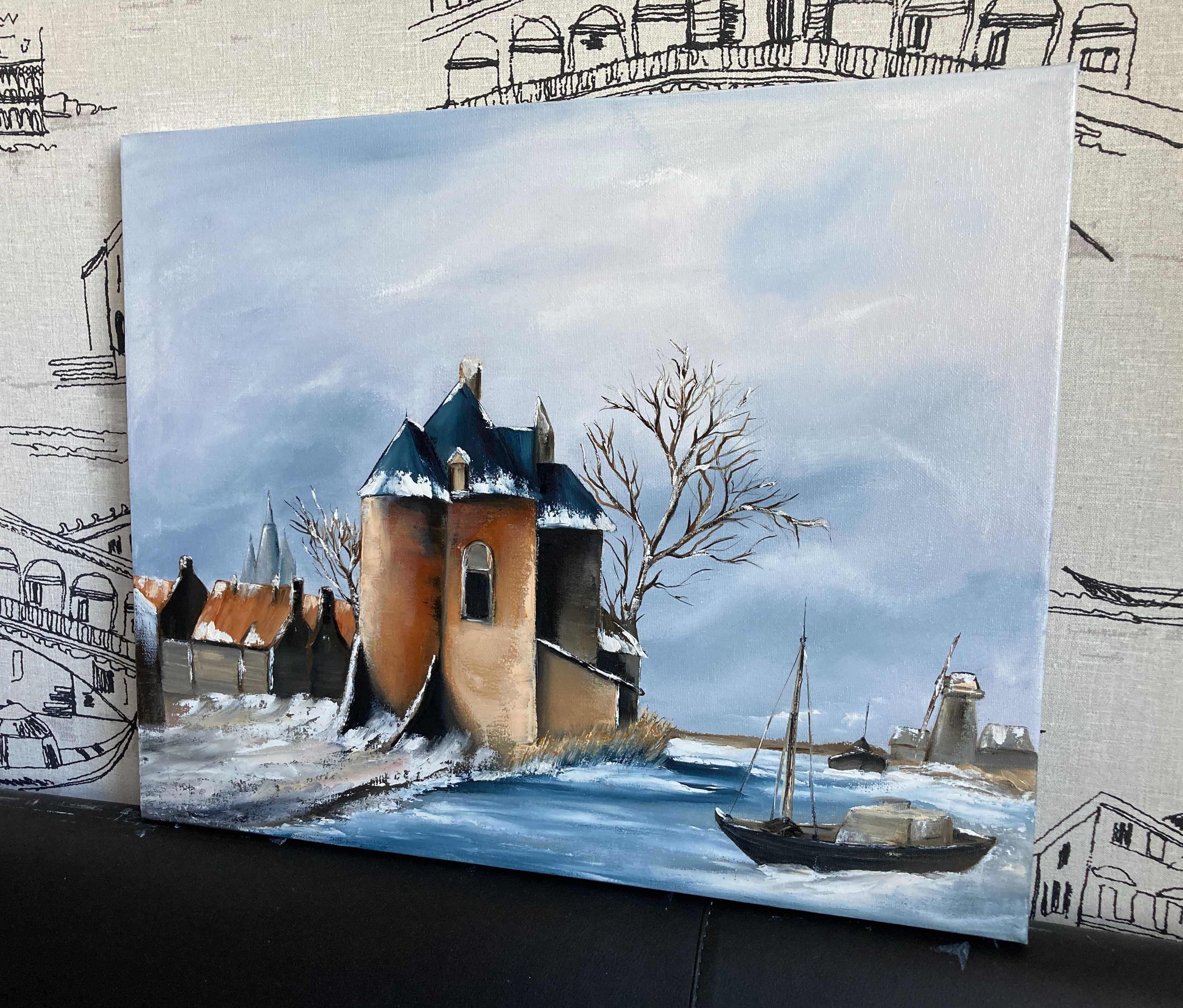 Картина олійними фарбами (маслом) Старе зимове місто 40х50 см