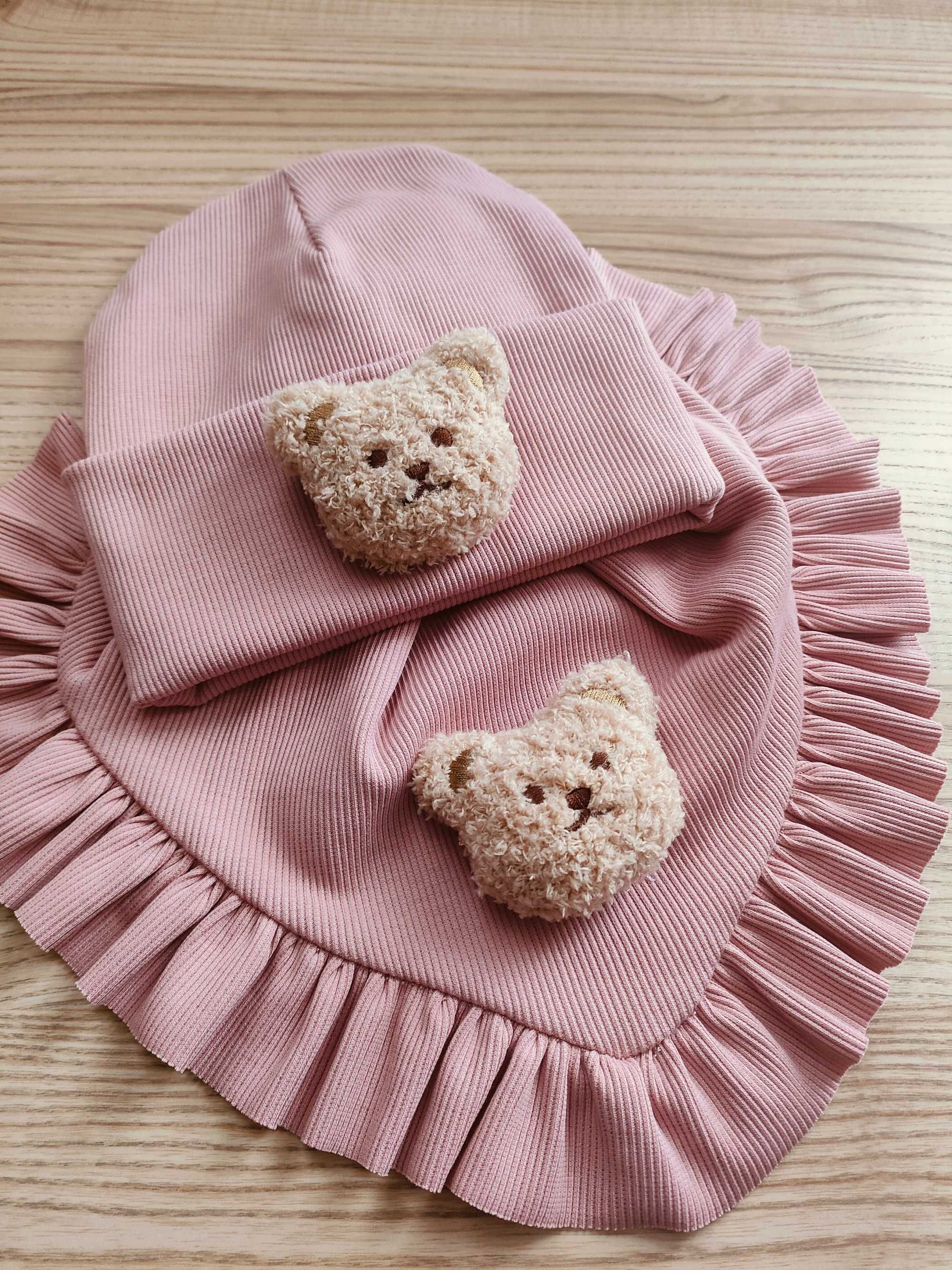 Komplet czapka i chusta, z misiem, Handmade