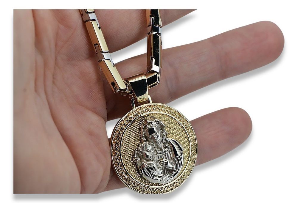 Złota zawieszka 14k Matka Boska z łańcuszek Hammer pm027yw30&cc047yw