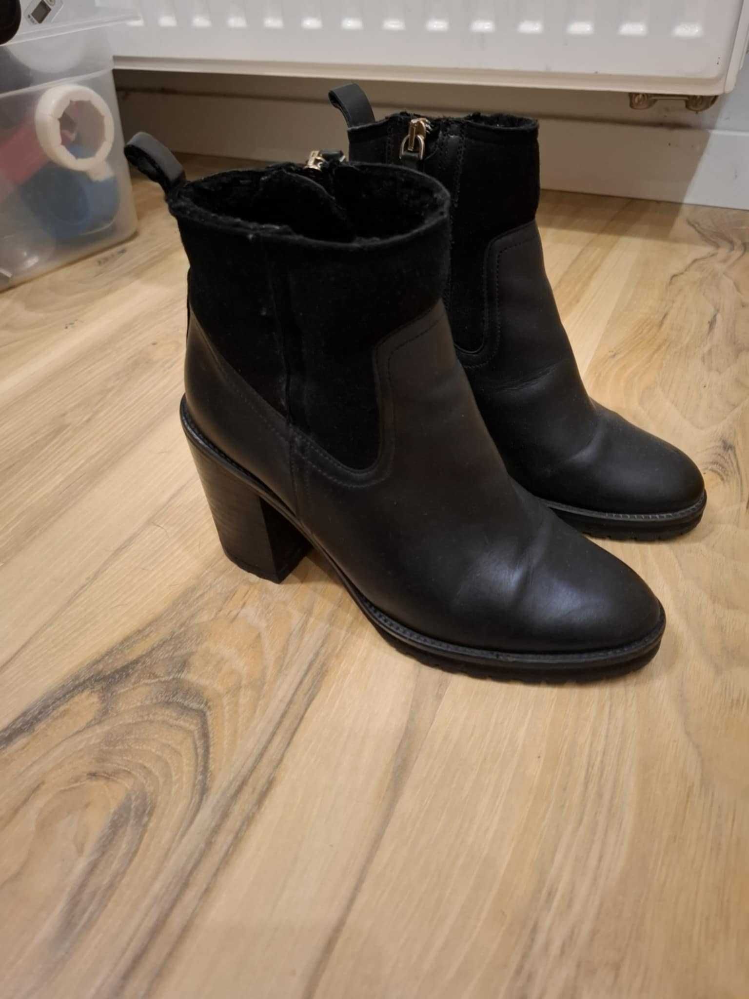 36 Massimo Dutti czarne botki buty na obcasie skórzane ze skóry skóra