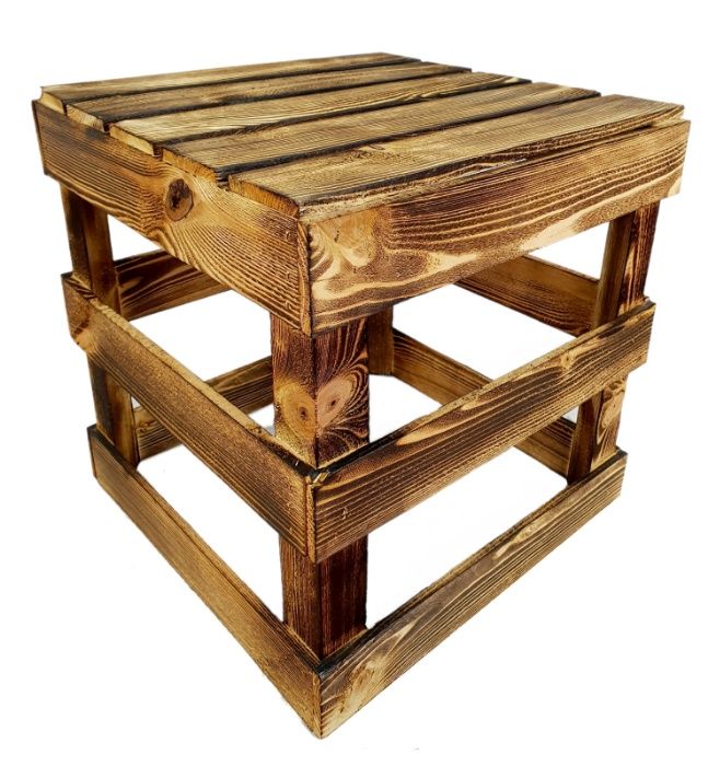 Siedzisko, taboret, stołek, hoker, skrzynka drewniana opalana