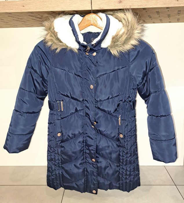 Kurtka zimowa dla dziewczynki z kapturem długa rozm. 134 jak NOWA!