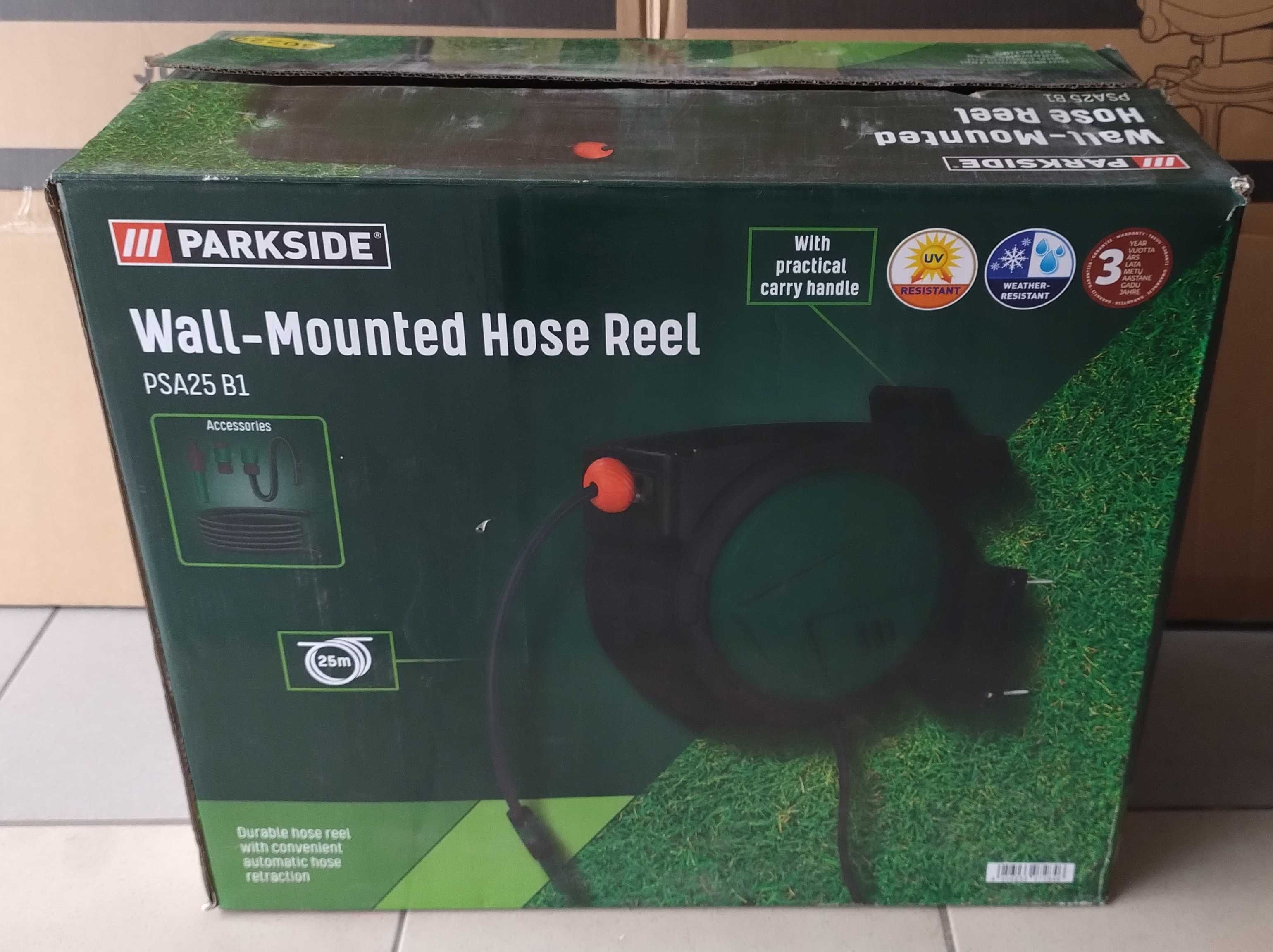 Bęben z wężem 25m PARKSIDE PSA25-B1 1/2" automatyczny zwijacz blokada