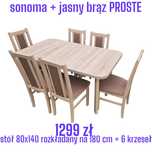 Nowe: Stół 80x140/180 + 6 krzeseł, SONOMA + JASNY BRĄZ "PROSTE"