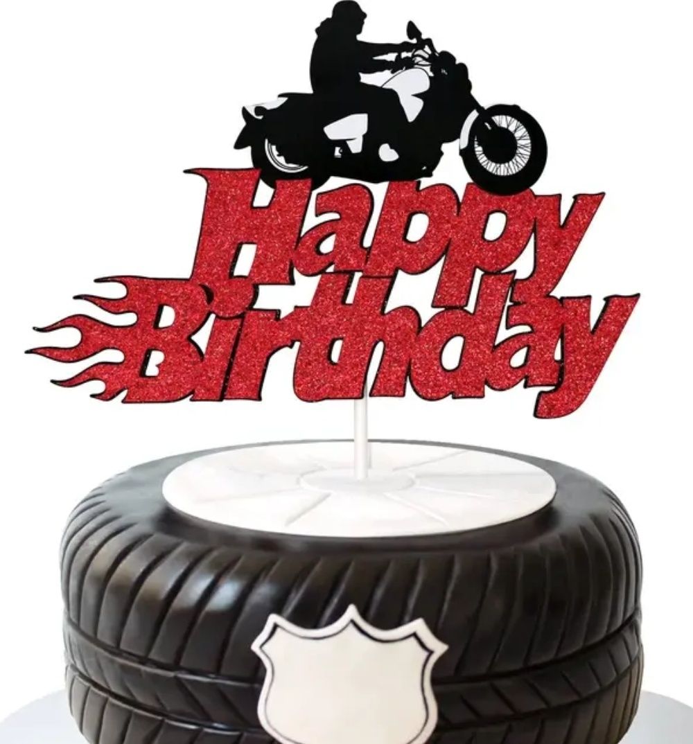 Topper piker na tort urodzinowy czerwony Motocykl