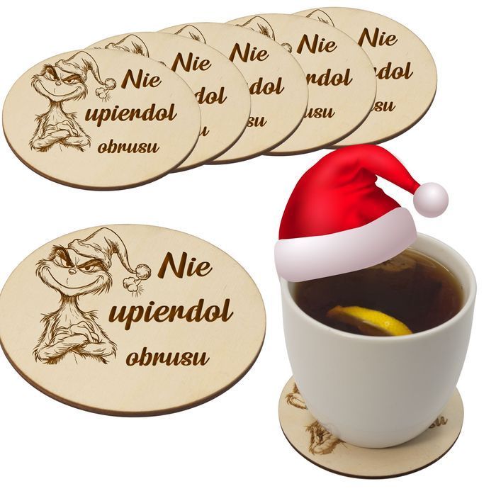 1x zestaw Podkładka pod kubek grawer GRINCH 5x podkładki na stół