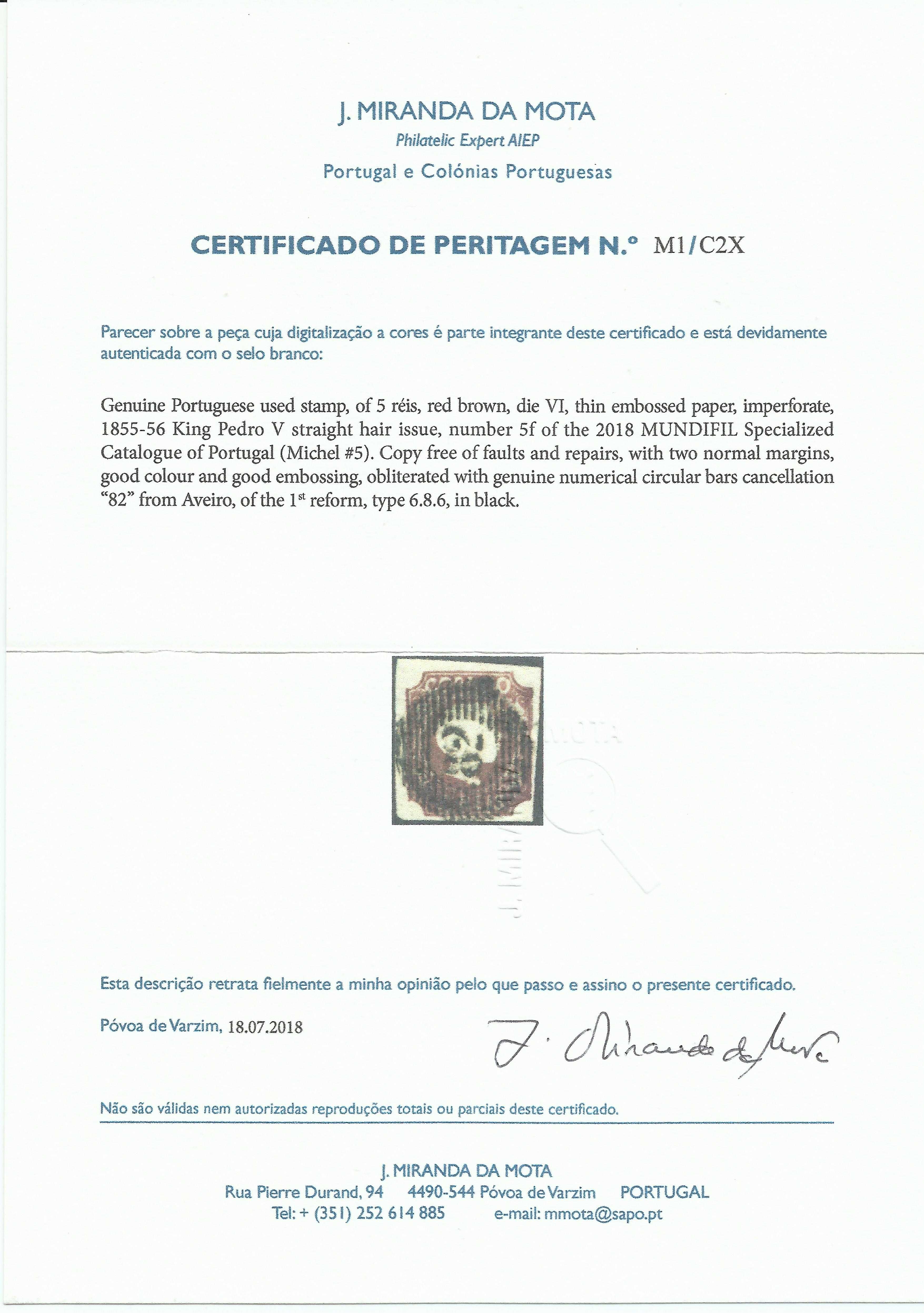 Portugal - D. Pedro V, cabelo liso, 5 Reis, usado. Com certificado