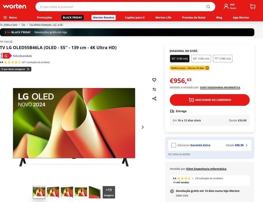 TV LG OLED de 55 polegadas (140 cm) com resolução 4K (OLED55B46LA)