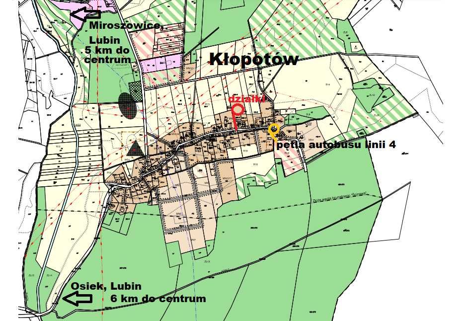 Działka budowlana 5 km od Lubina, 2 km od Osieka i Miroszowic