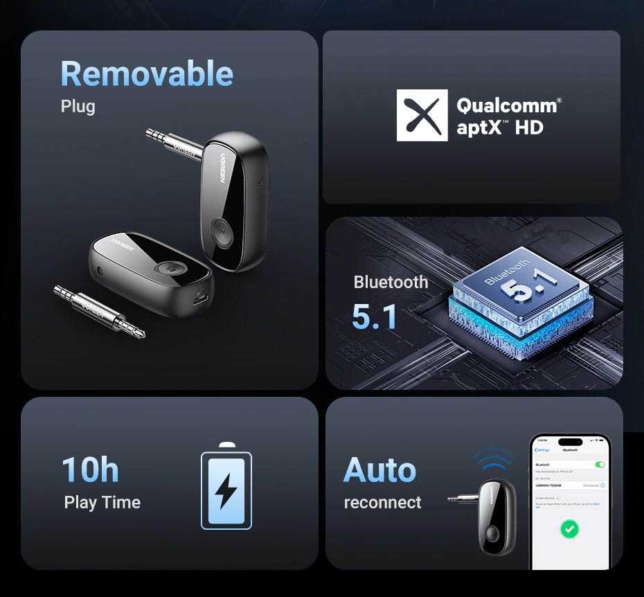 Блютуз адаптер 5.1 AUX 3.5 Ugreen aptX HD батарея ресивер приемник