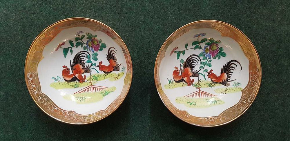 Par de taças louça chinesa decoração interior e exterior com galos