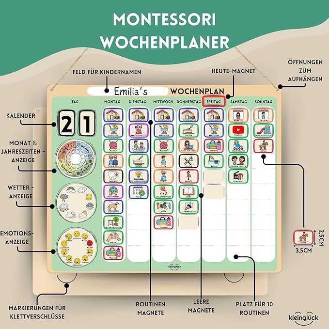 kleinglück Montessori planer tygodniowy dla dzieci tablica magnetyczna