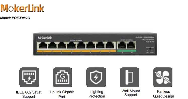 Mokerlink PoE Switch POE-F082G 10-Port Ethernet Switch Com 8-Port Poe