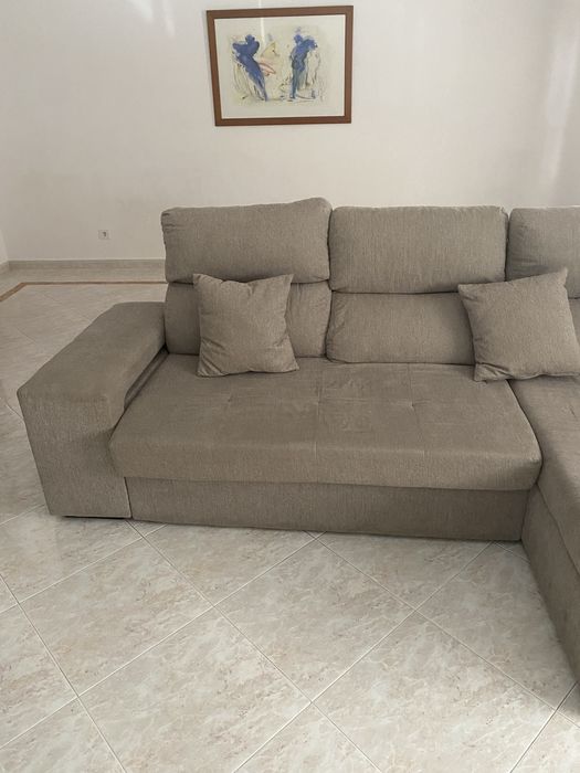 Sofá de 3 lugares com Chaise Long Reversível e Recosto Inclinável Bege