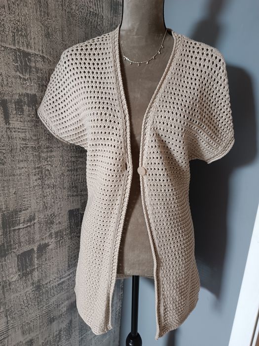 Kardigan ażurowy boho damski sweter rozpinany beżowy narzutka M jesień
