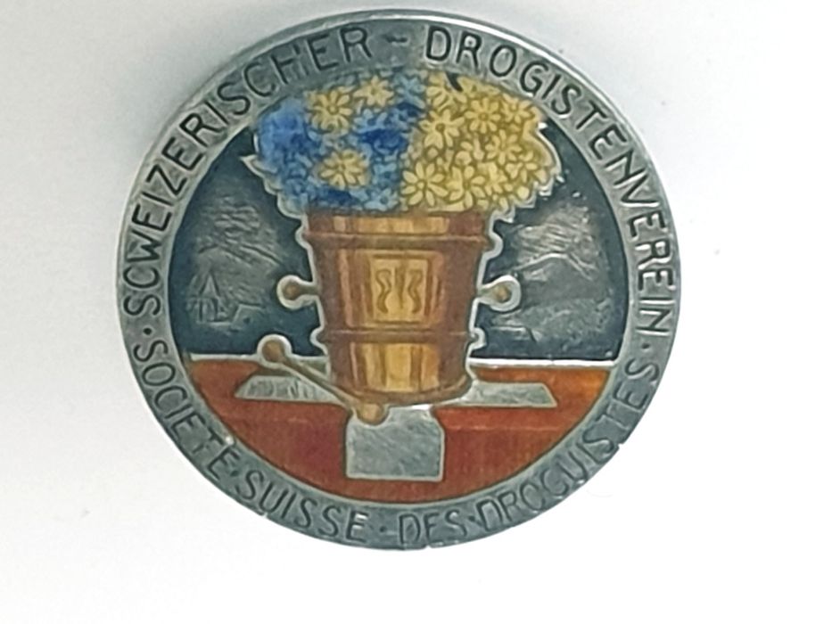 Rara antiga pregadeira -prata esmaltada Société suisse des drogeristes