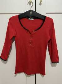 Czerwona bluzka czarna koronka guziki henley 36 38 S M walentynki