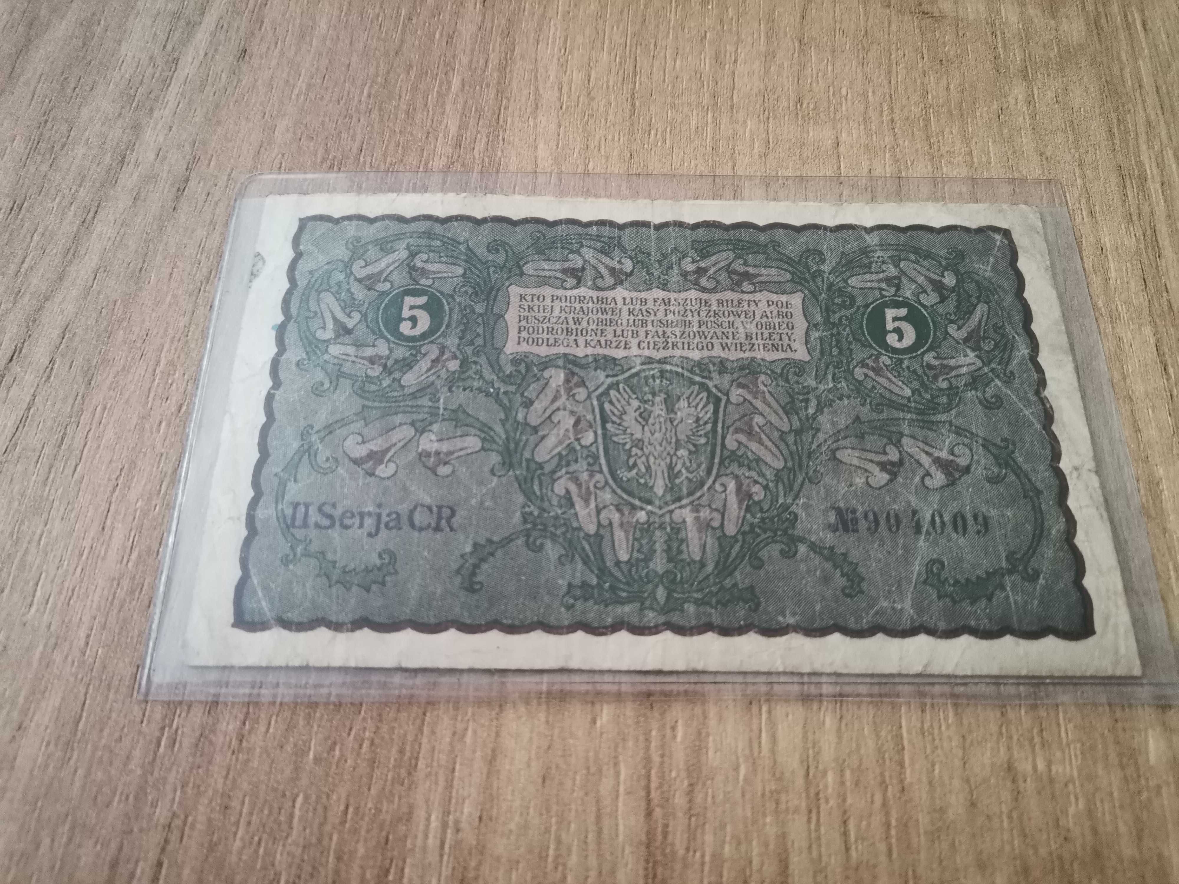 Banknot 5 marek polskich 1919r seria CR, numer 904009