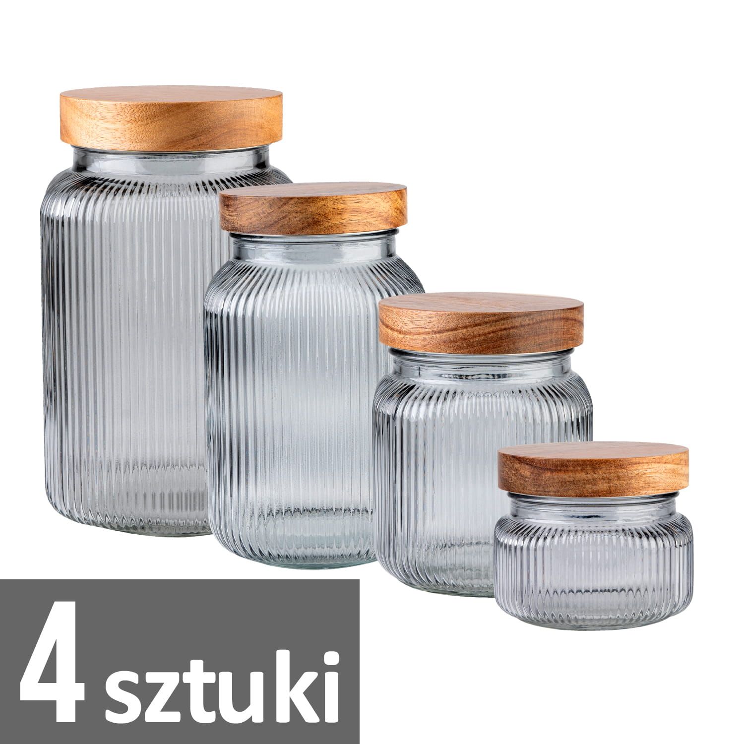 4 szklane pojemniki z drewnianą zakrętką 0,5l + 1l + 2l + 3l szare