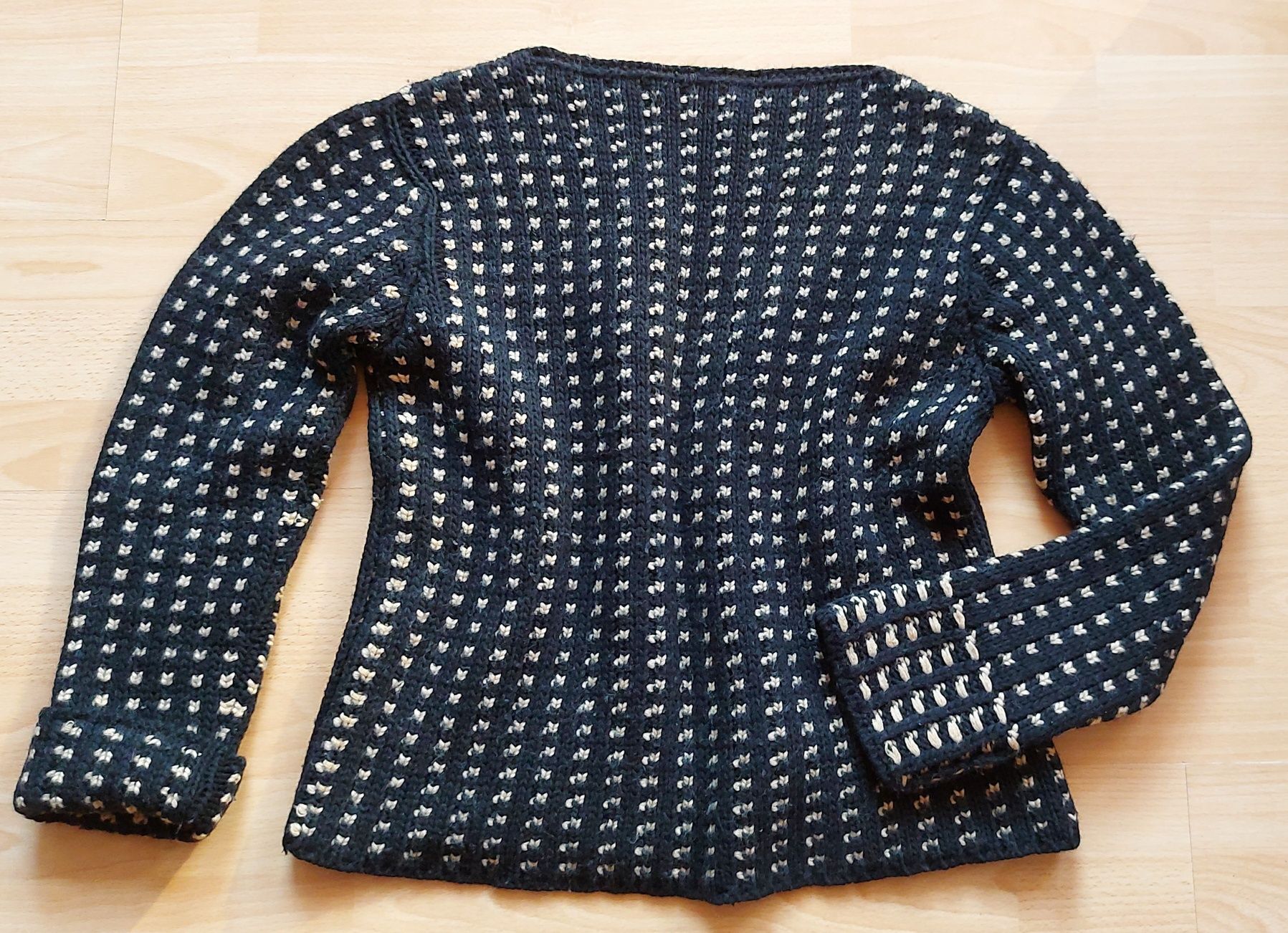 Oryginalny sweter Lecomte 40, czarno-beżowy, wełna merino