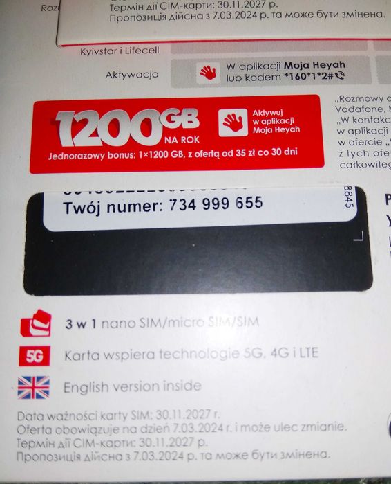 734 _ 999 _ 655 Złoty prosty numer nowy starter Heyah na kartę