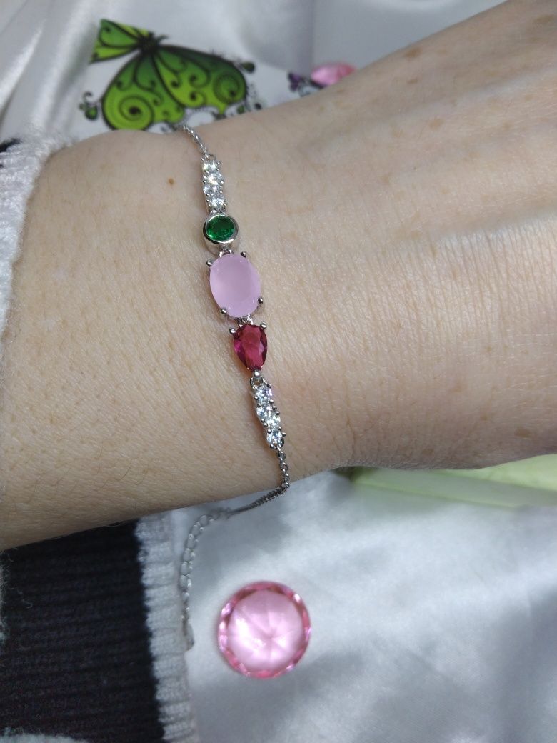 Piękny srebrna bransoletka kolorowe kamienie, srebro 925, dł. 17-19 cm