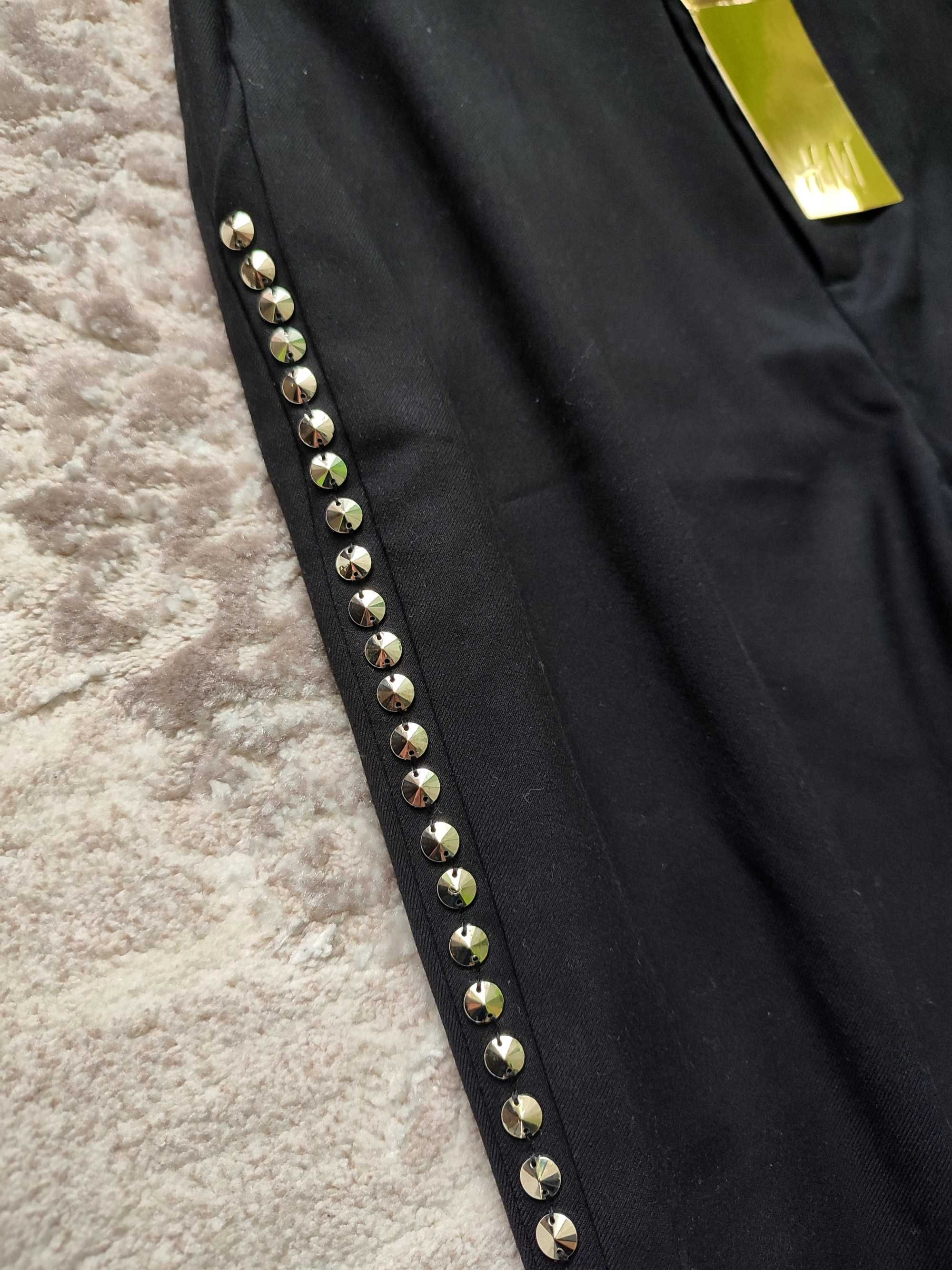 Spodnie eleganckie czarne z ćwiekami, H&M, rozmiar XS 34, nowe z metką