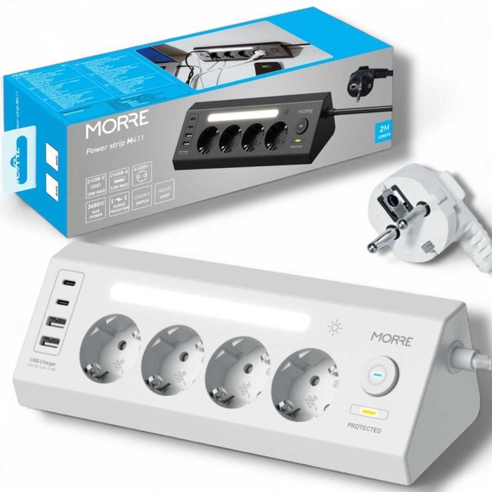 Kутовий подовжувач 3680 Вт, 4×AC + 4×USB, LED-нічник, кабель 2 м