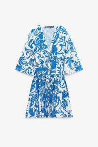 NOWA 42 XL ZARA sukienka 80% wiskoza 20% len niebieska chabrowa kobalt
