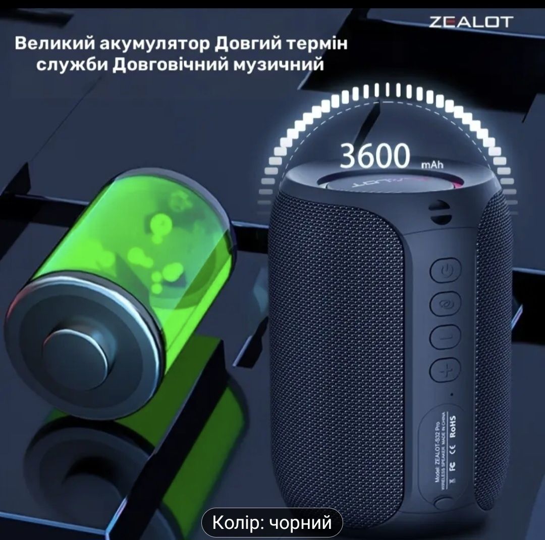 Нова! Портативна Bluetooth колонка ZEALOT S32 Pro синя, чорна, хакі