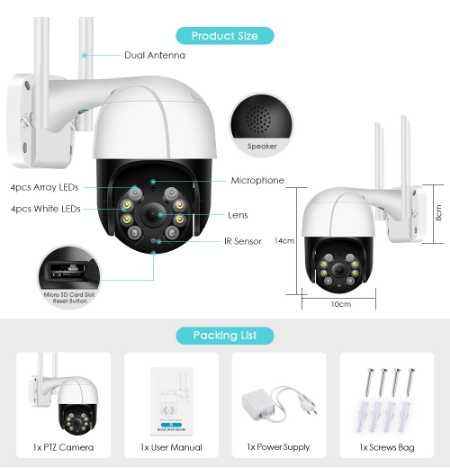 Kamera obrotowa(PTZ), 5MP, WiFi, monitoring, zoom cyfrowy, iCSee
