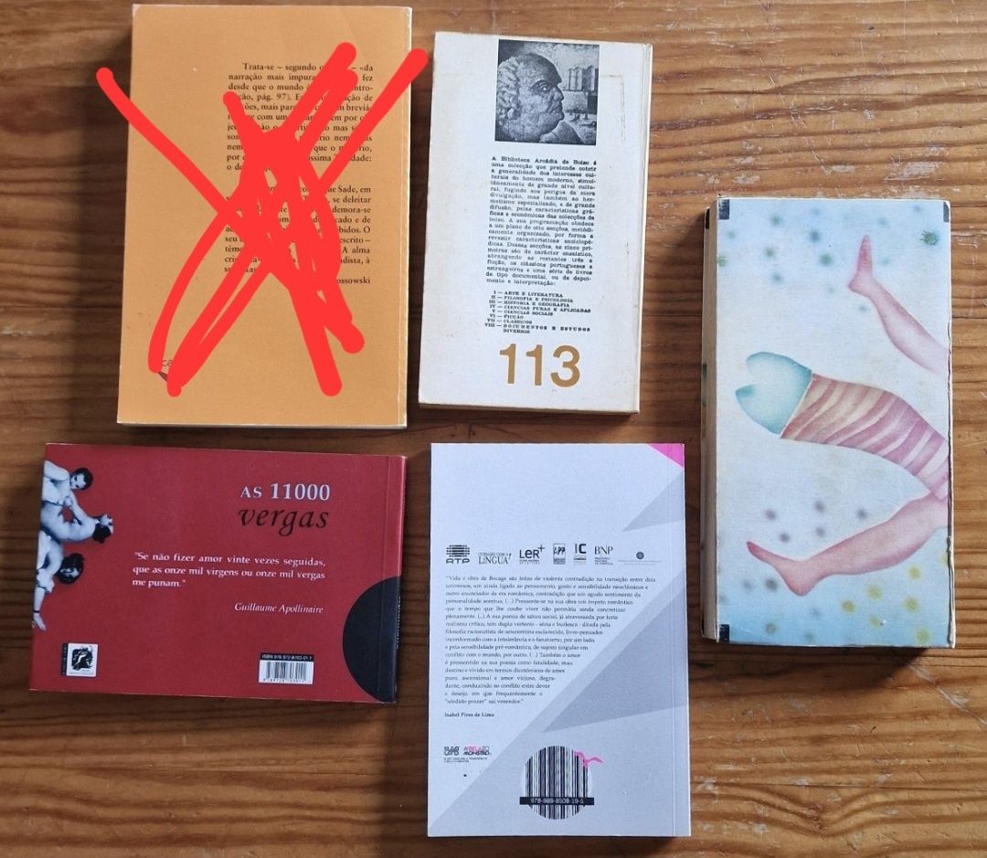 Livros de Marquês de Sade, Apollinaire, Bocage e Velloz "Cantáritas"