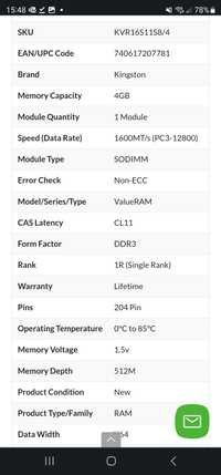 Kingston DDR3 4GB 1600MHz CL11 SRX8 SODIMM