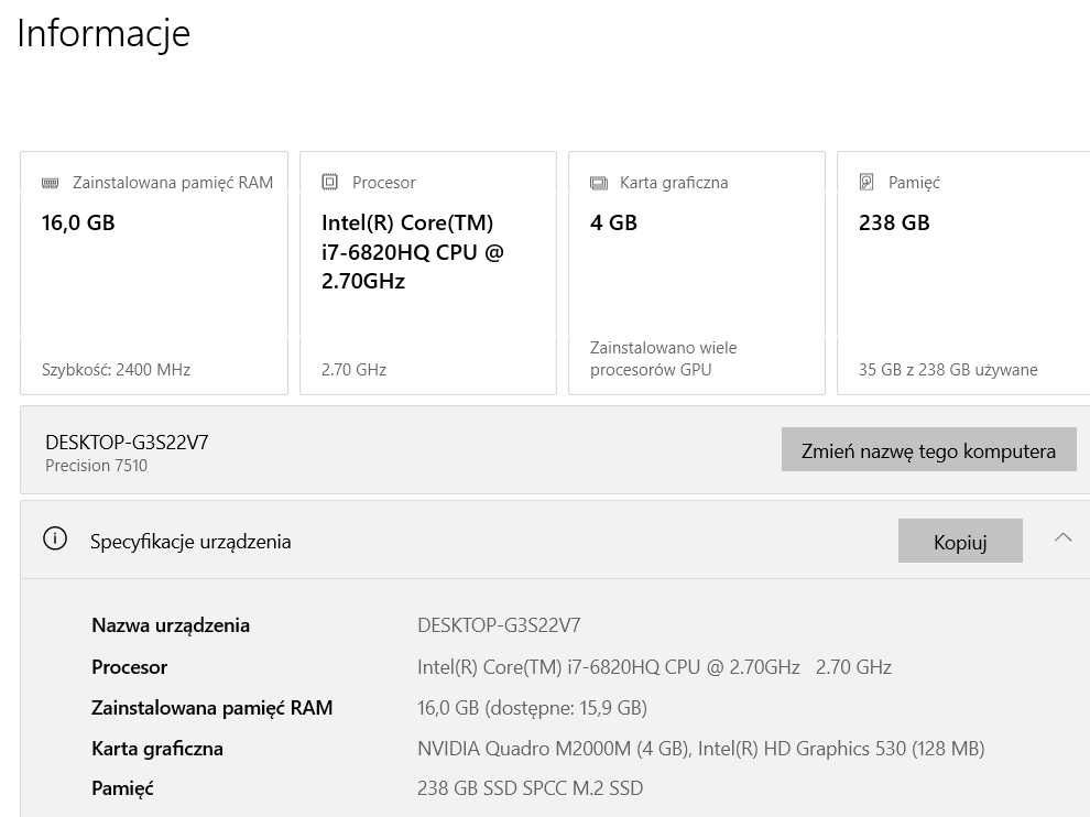 Laptop Dell Precision 7510 16 GB DDR4 I7 Nvidia M2000M SSD 238 GB