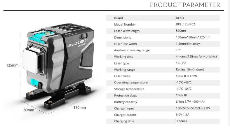 Cамовыравнивающийся лазерный уровень Deko 3D DKLL12PB2, зеленый луч