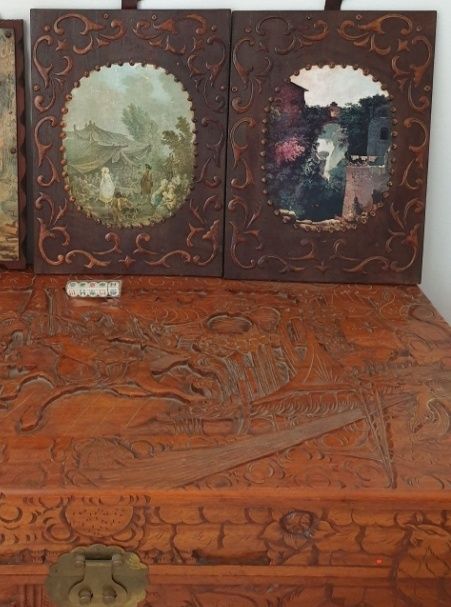 Quadros antigos paisagem madeira ferro couro dados poker arca cânfora