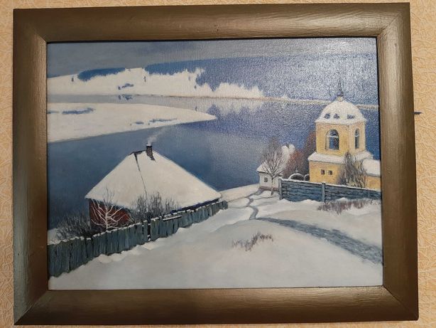 Продам картину 30х40, холст, масло, деревенька зимой, снег,церковь.
