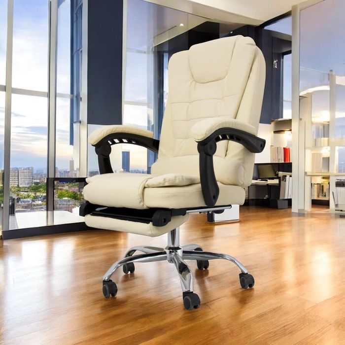 Fotel Biurowy Kremowy Wysuwany Podnóżek Krzesło ekoskóra PREMIUM‼️