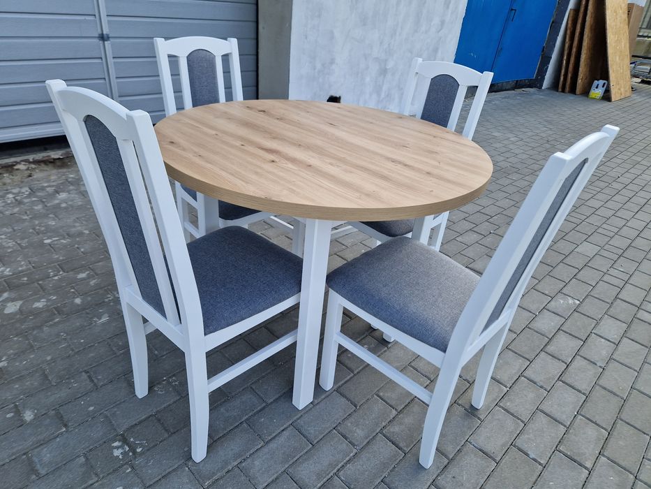 Nowe : Stół okrągły rozkładany + 4 krzesła, biały/artisan + szary
