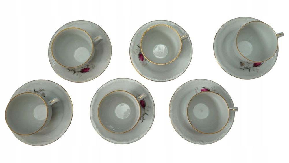 Zestaw Porcelana Bolesławiec Filiżanki Talerzyki Podstawki Róże